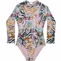 Beach Lingo Girls Animalia Long Sleeve Rashguard One Piece Swimsuit
